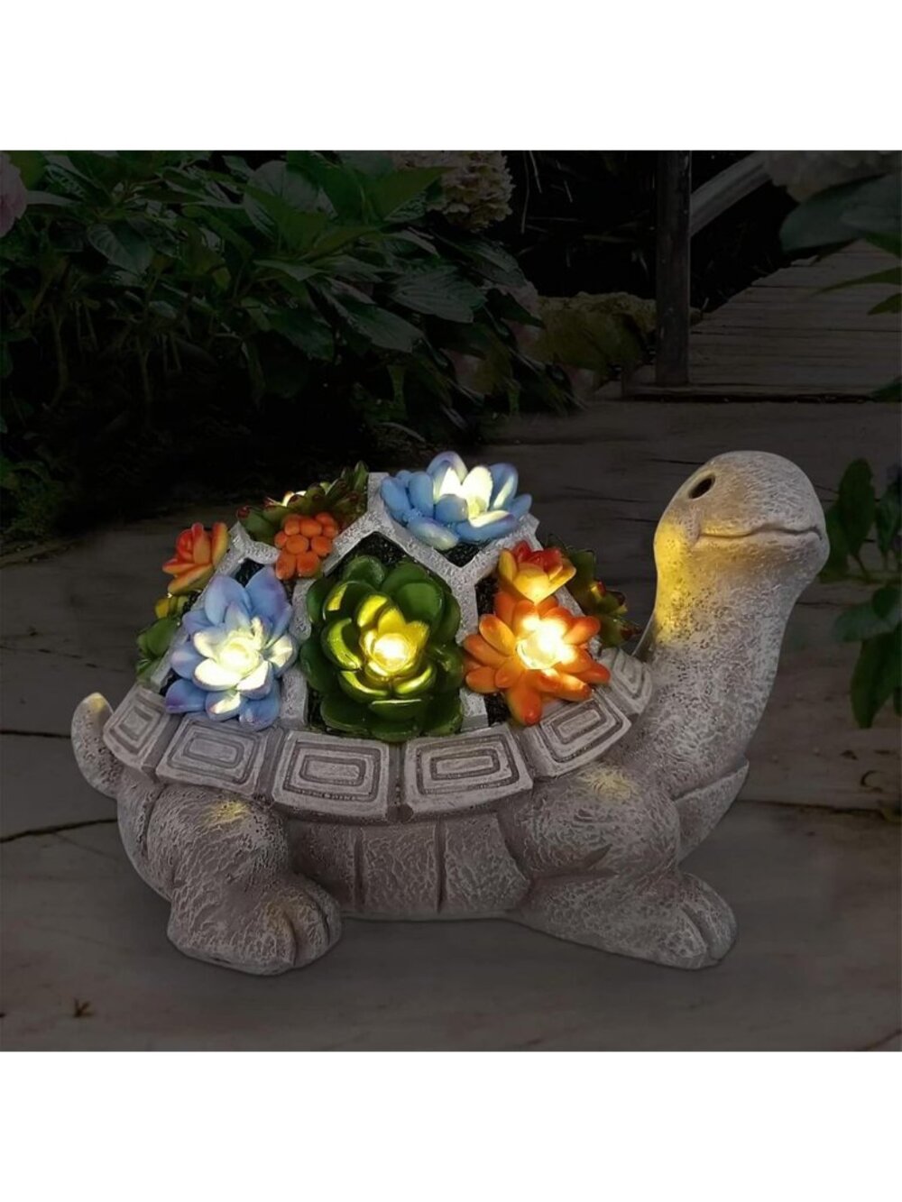 Solar Turtle Garden Statue with 7 LED Lights - Succulent Outdoor Decor Accent
